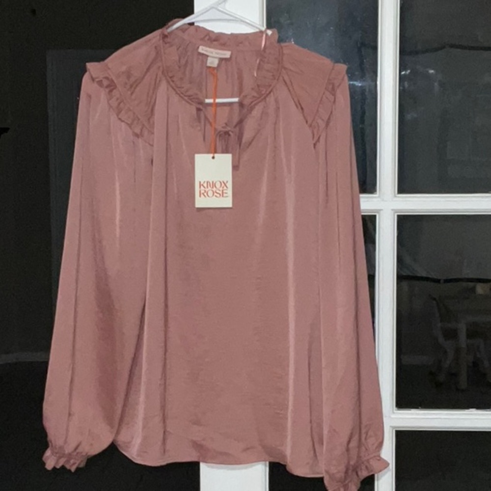 Knox Rose Pink Blouse with Ruffled Bib Collar and Billowy Sleeves